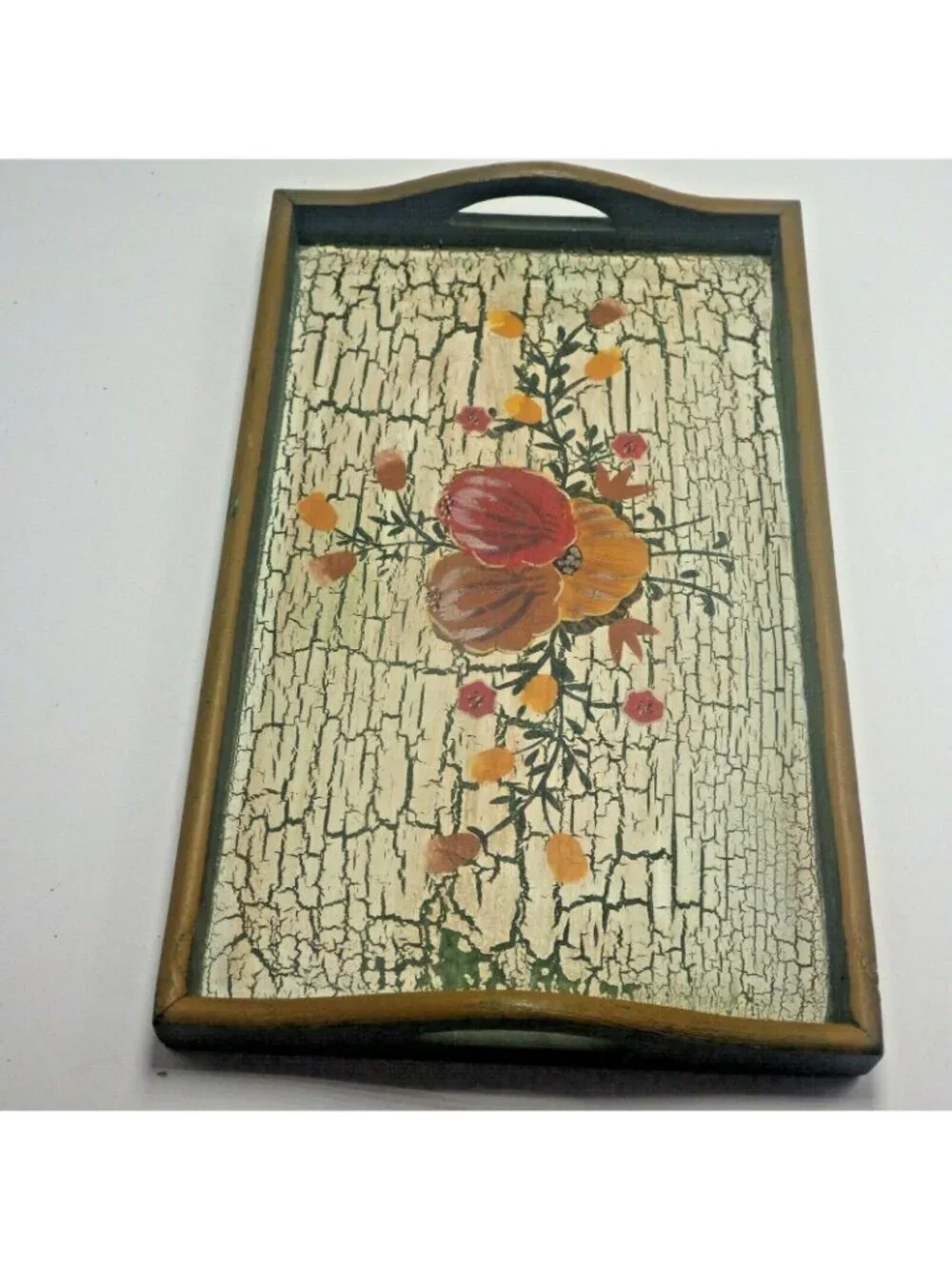 Crackle Painted Floral Tole Painting wood Tray Green - Picture 4 of 6